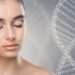 Pretty young woman with closed eyes next to DNA chain over grey background, modern beauty industry